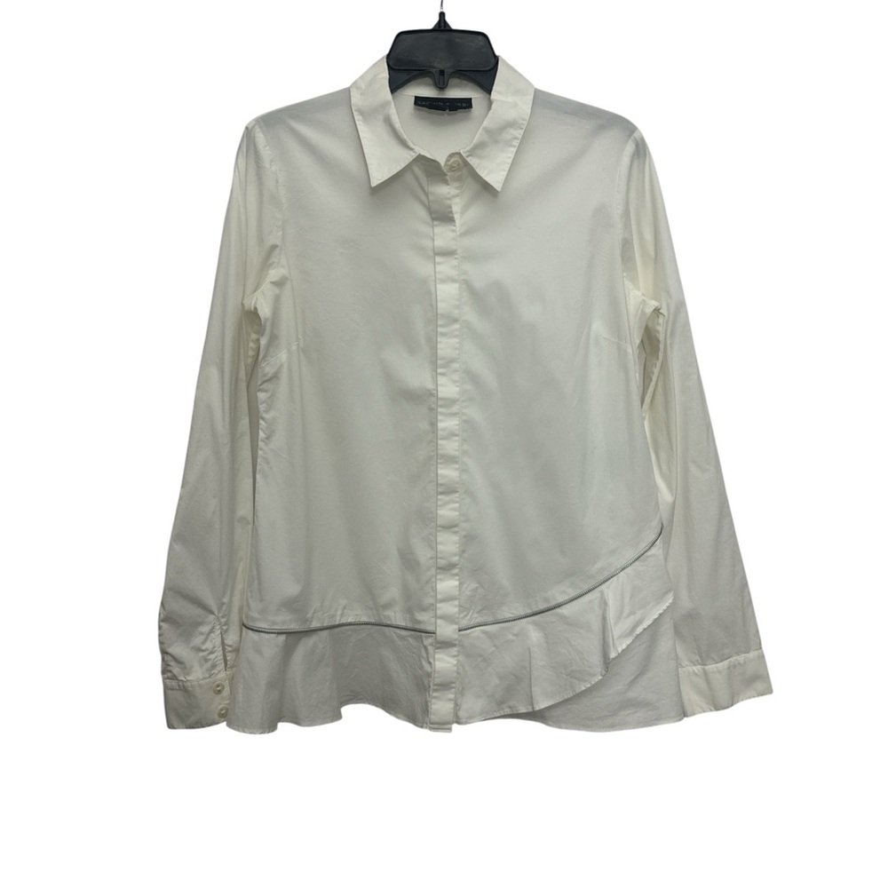 Sachin + Babi White Button Front Blouse Zipper Detail Ruffle Bottom Size 6